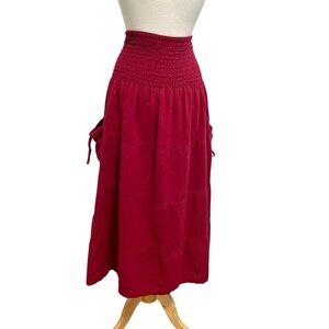 THALUTA Gypsy Boho Tiered Cargo Maxi Skirt Smocked Waist Hippie Red One Size